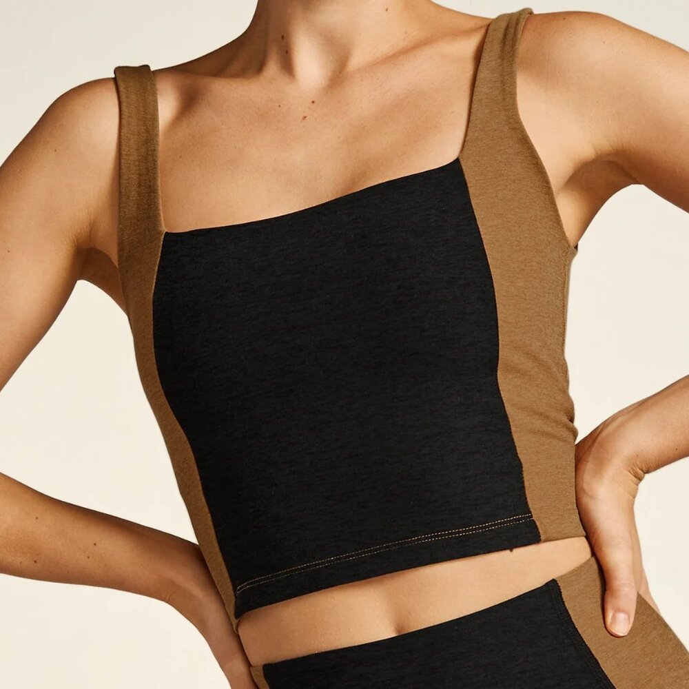 Beyond Yoga Spacedye Vitality Colorblock Tank in Darkest Night and Toffee
